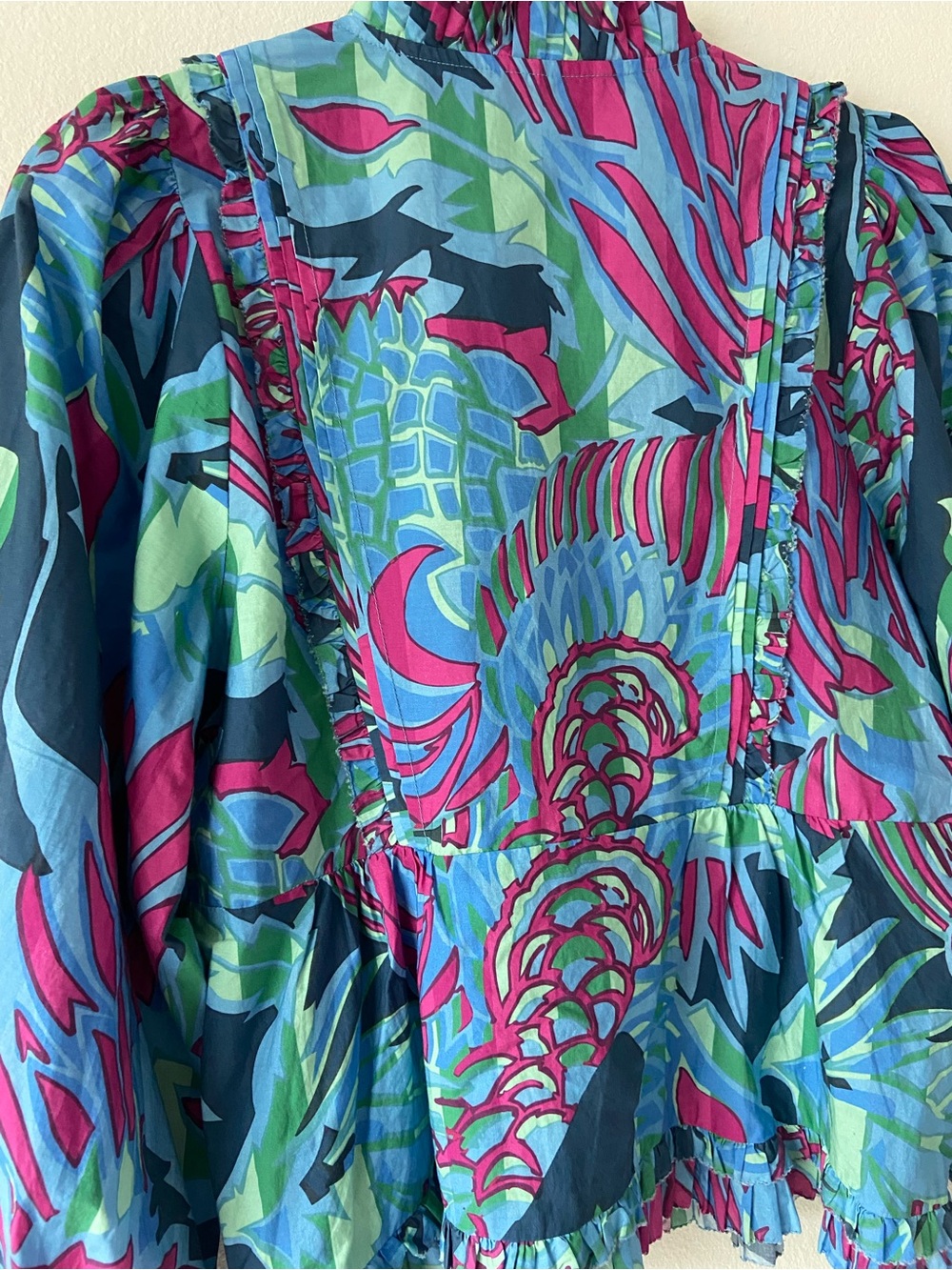 Love the Label Tropical Print Ruffle Blouse Top Boho Puff Sleeve Size M - Picture 9 of 13